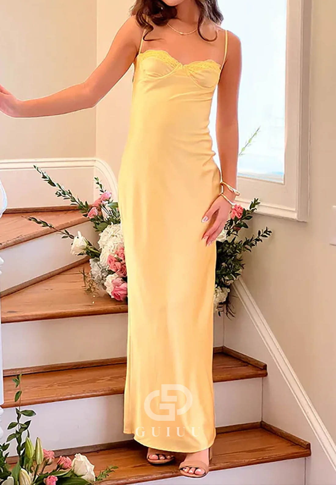 Daffodil Spaghetti Strap Lace Long Satin Prom Dress