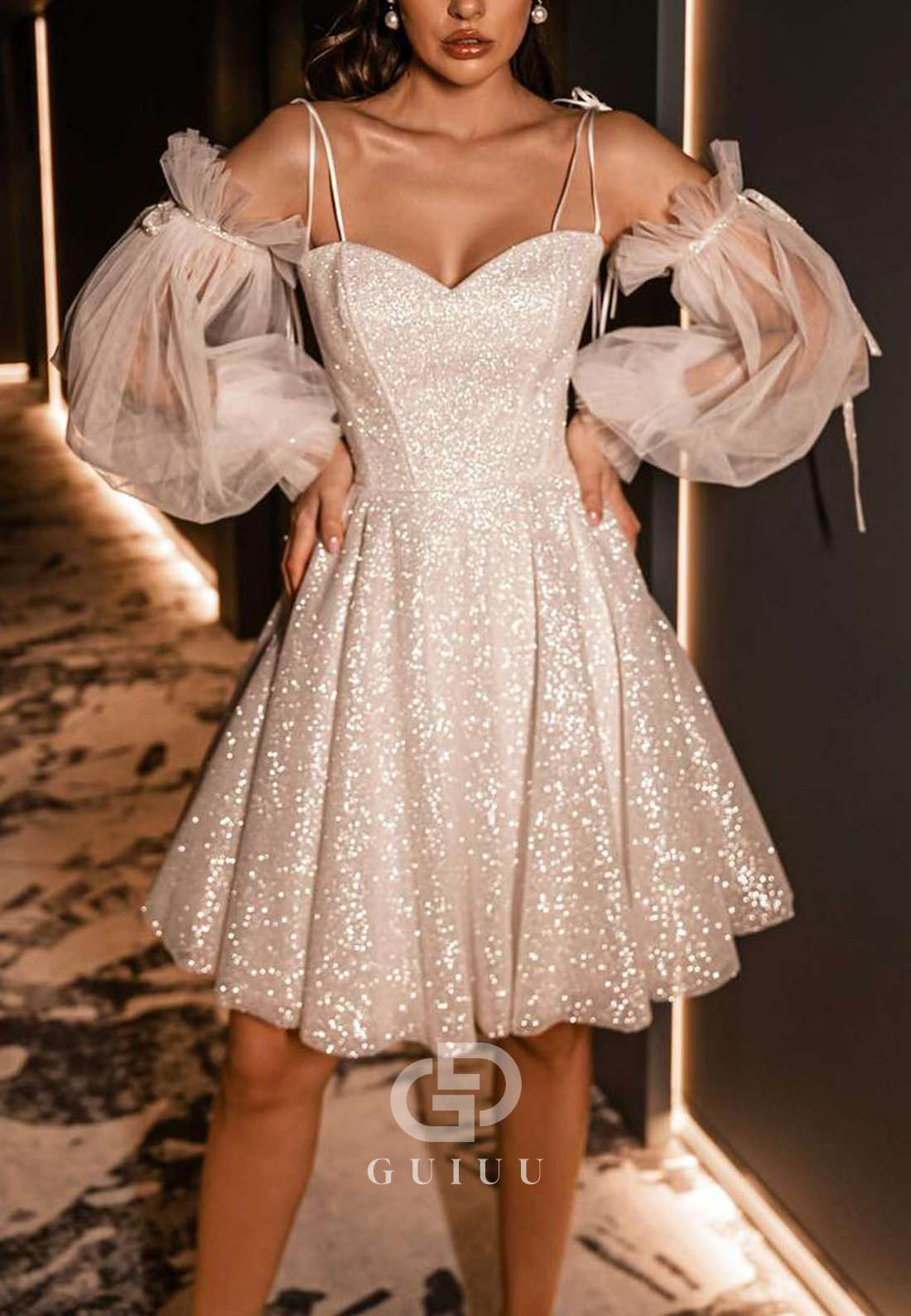 Sequined Detachable Long Sleeves Short Wedding Dress