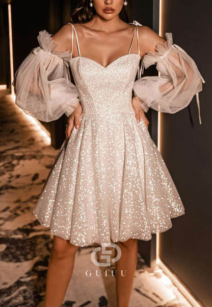 Sequined Detachable Long Sleeves Short Wedding Dress