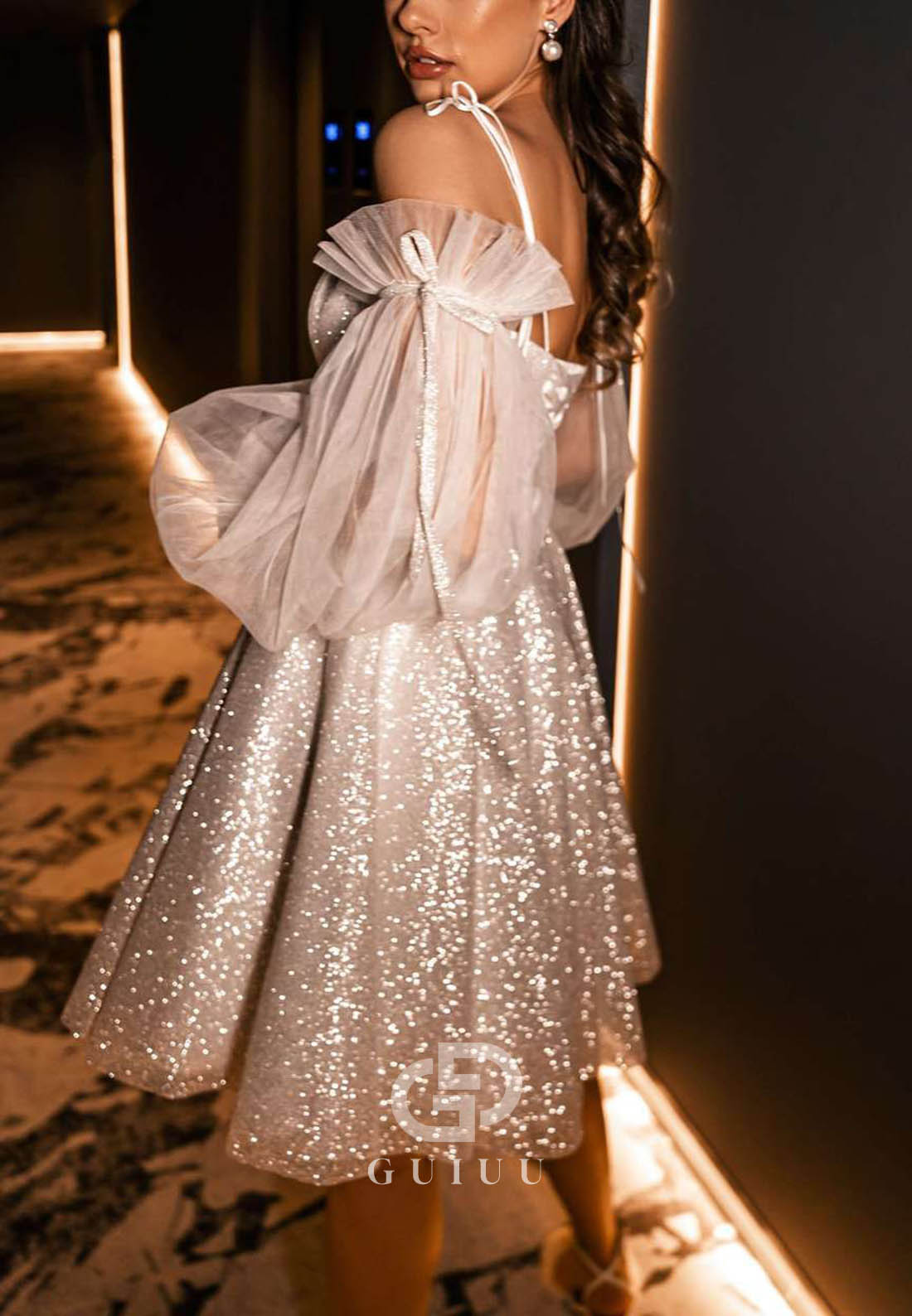 Sequined Detachable Long Sleeves Short Wedding Dress