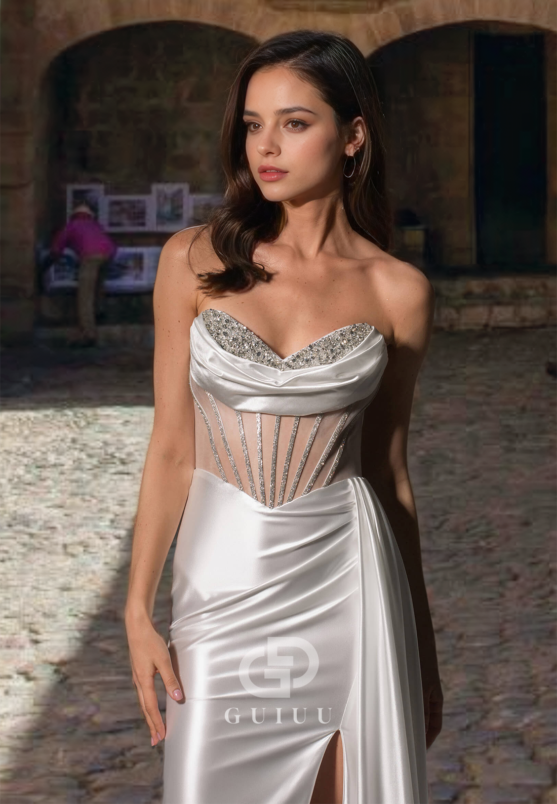 Sequined Sweetheart Side Slit Pleated Backless Wedding Dress Back Zipper