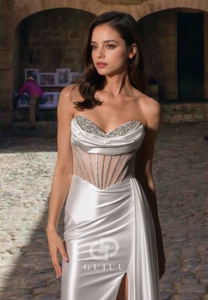 Sequined Sweetheart Side Slit Pleated Backless Wedding Dress Back Zipper