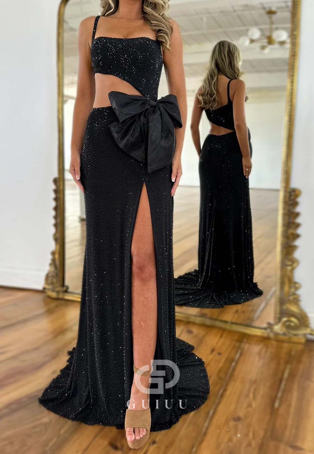 Sexy Black Mermaid Spaghetti Straps Long Prom Dress with Bowknot