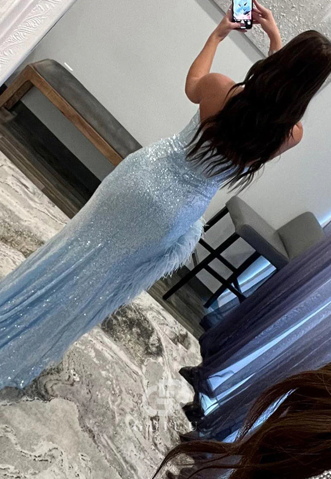 Sexy Glitter V-Neck Sleeveless Mermaid Sky Blue Long Prom Dress
