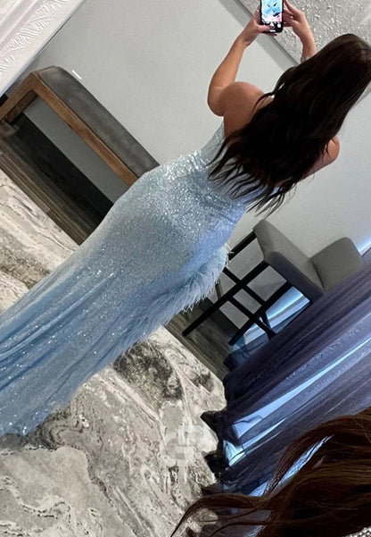 Sexy Glitter V-Neck Sleeveless Mermaid Sky Blue Long Prom Dress