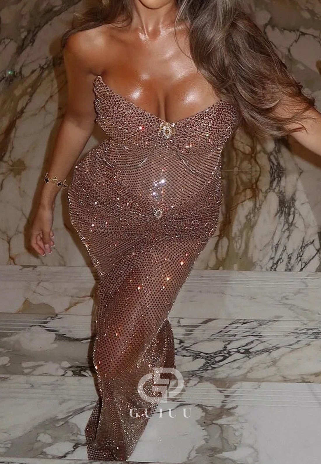 Sexy Mermaid Sweetheart Champagne Sequins Long Prom Dress with Sequins