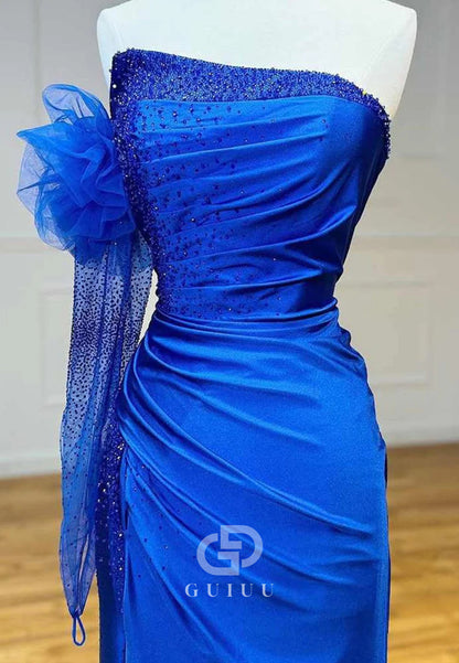 Royal Blue A-Line Beaded Ruched Long Prom Dress with Sleeve