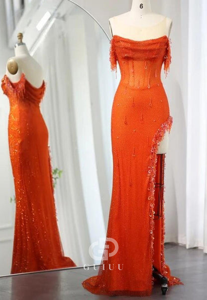 Luxury Crystal Sleeveless Scoop High Slit Sequins Evening Dress