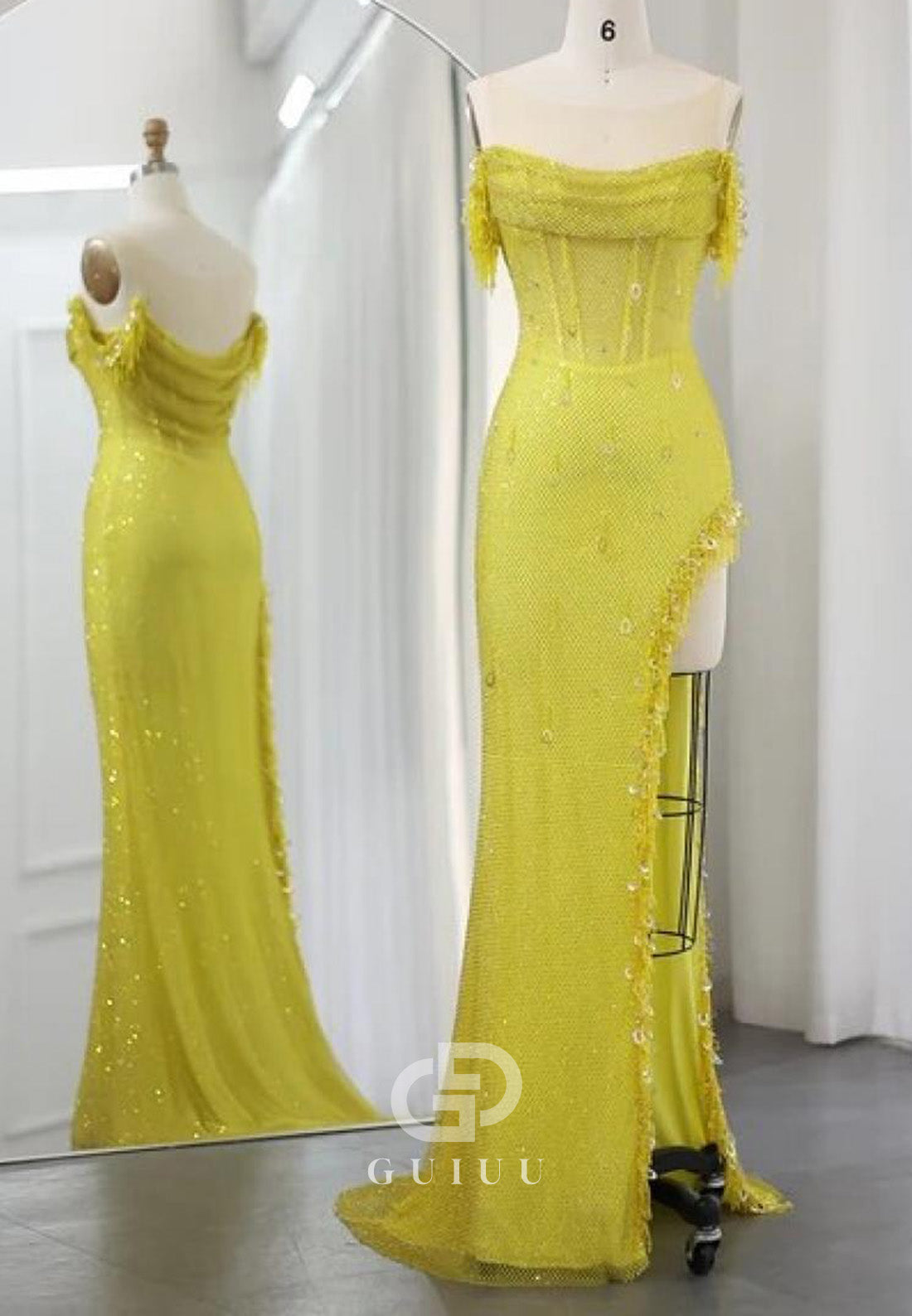 Luxury Crystal Sleeveless Scoop High Slit Sequins Evening Dress