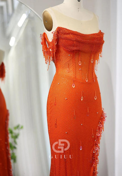 Luxury Crystal Sleeveless Scoop High Slit Sequins Evening Dress