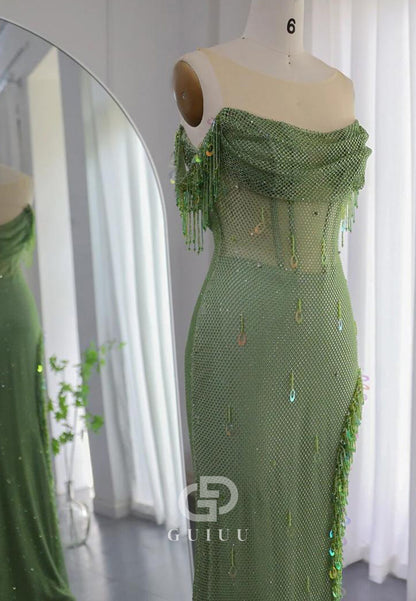 Luxury Crystal Sleeveless Scoop High Slit Sequins Evening Dress