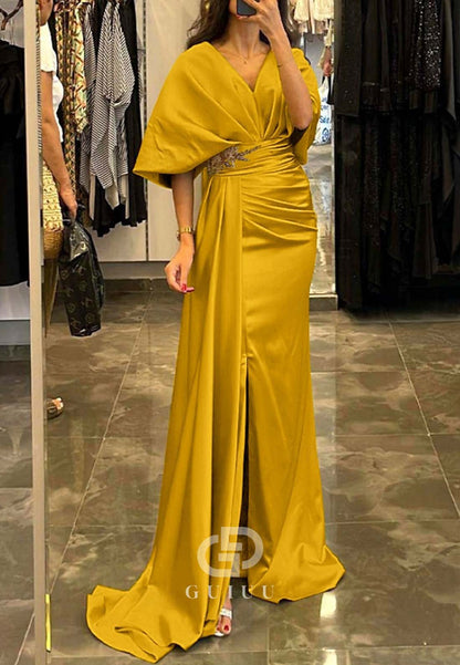 Sheath Cap Sleeves V-Neck Ruched Slit Evening Formal Dress