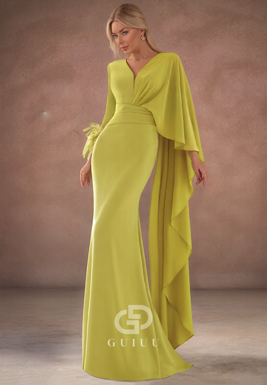 Sheath Long Sleeves V-Neck Feathers Mother of the Bride Dress