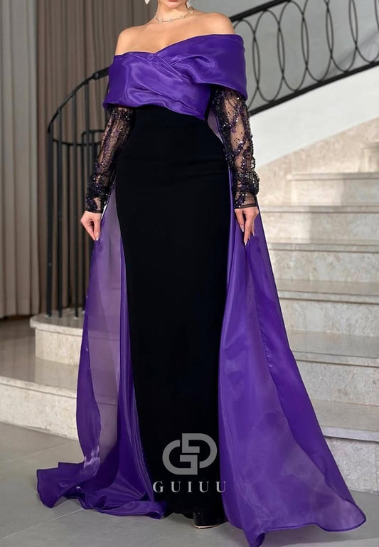 Sheath Off-Shoulder Long Sleeves Sequins Evening Dress