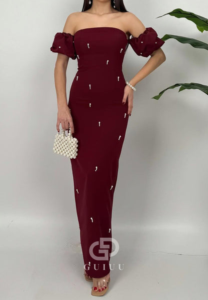 Sheath Off-Shoulder Short Sleeves Beads Semi-Formal Dress