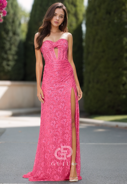 Sheath Sleeveless Strapless Prom Dress with Sequins Slit Formal Party Dress