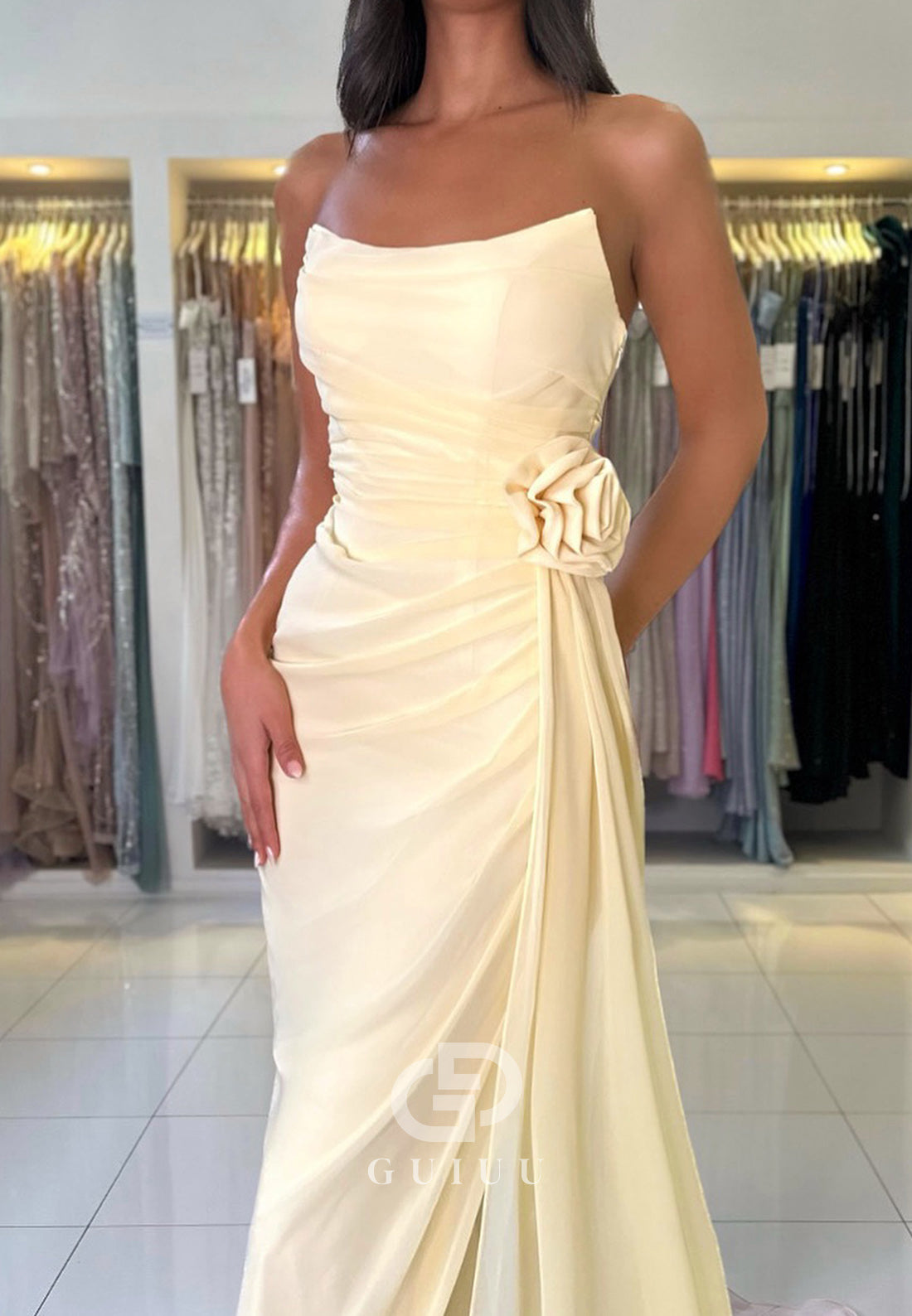 Sheath Sleeveless Strapless Prom Dress with Train Ruched Evening Party Dress