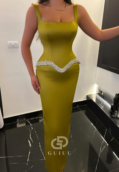 Sheath Spaghetti Straps Scoop Pearls Ruched Prom Dress