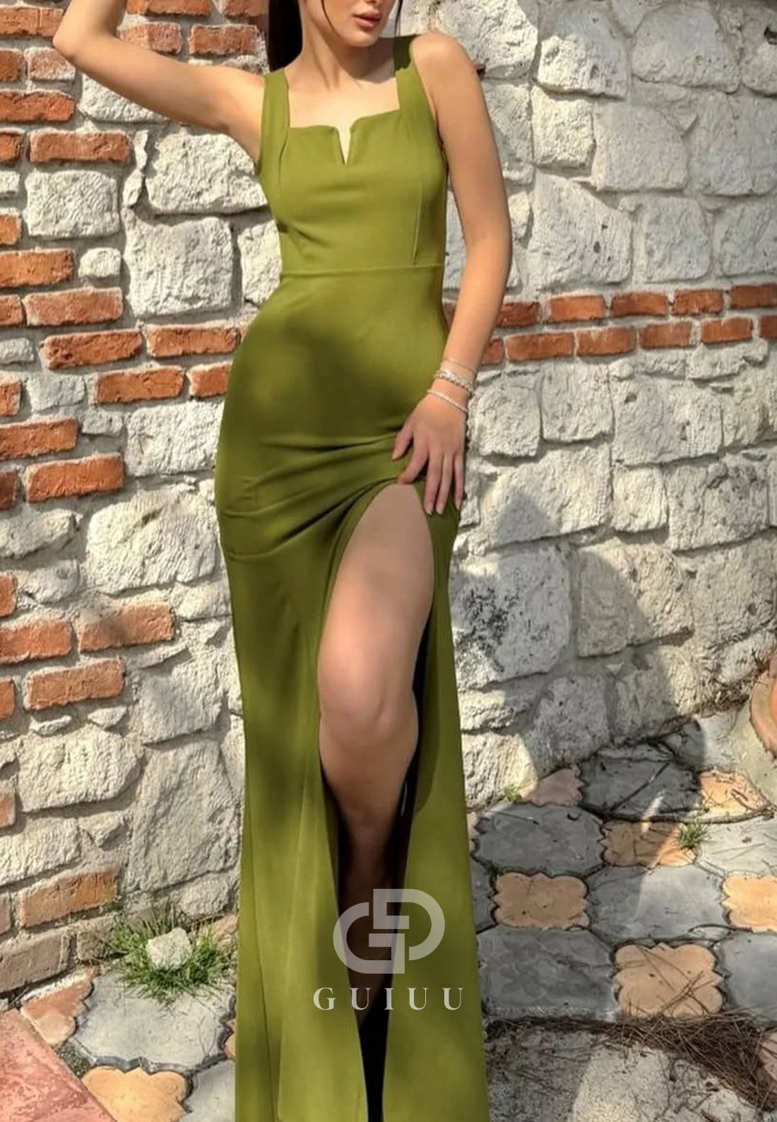 Sheath Spaghetti Straps Square Prom Dress with Slit Floor-Length Party Dress