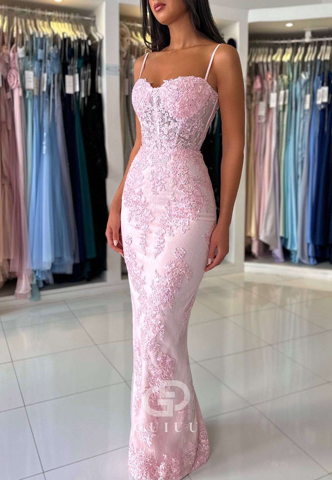 Sheath Spaghetti Straps Sweetheart Corset Tulle Prom Dress