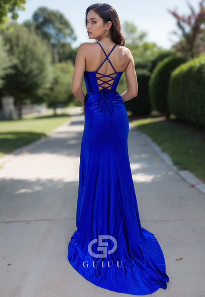 Sheath Spaghetti Straps Sweetheart Prom Dress with Slit Lace-Up Back Evening Party Dress
