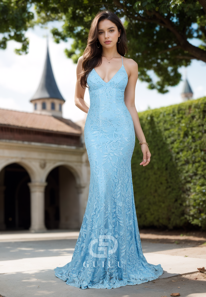 Sheath Spaghetti Straps V-Neck Lace-Up Back Floor-Length Prom Evening Dress