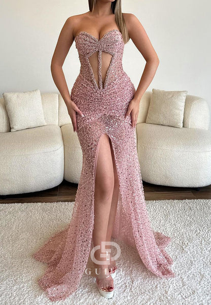 Sheath Strapless Sleeveless Prom Dress with Slit Sequins Party Dress