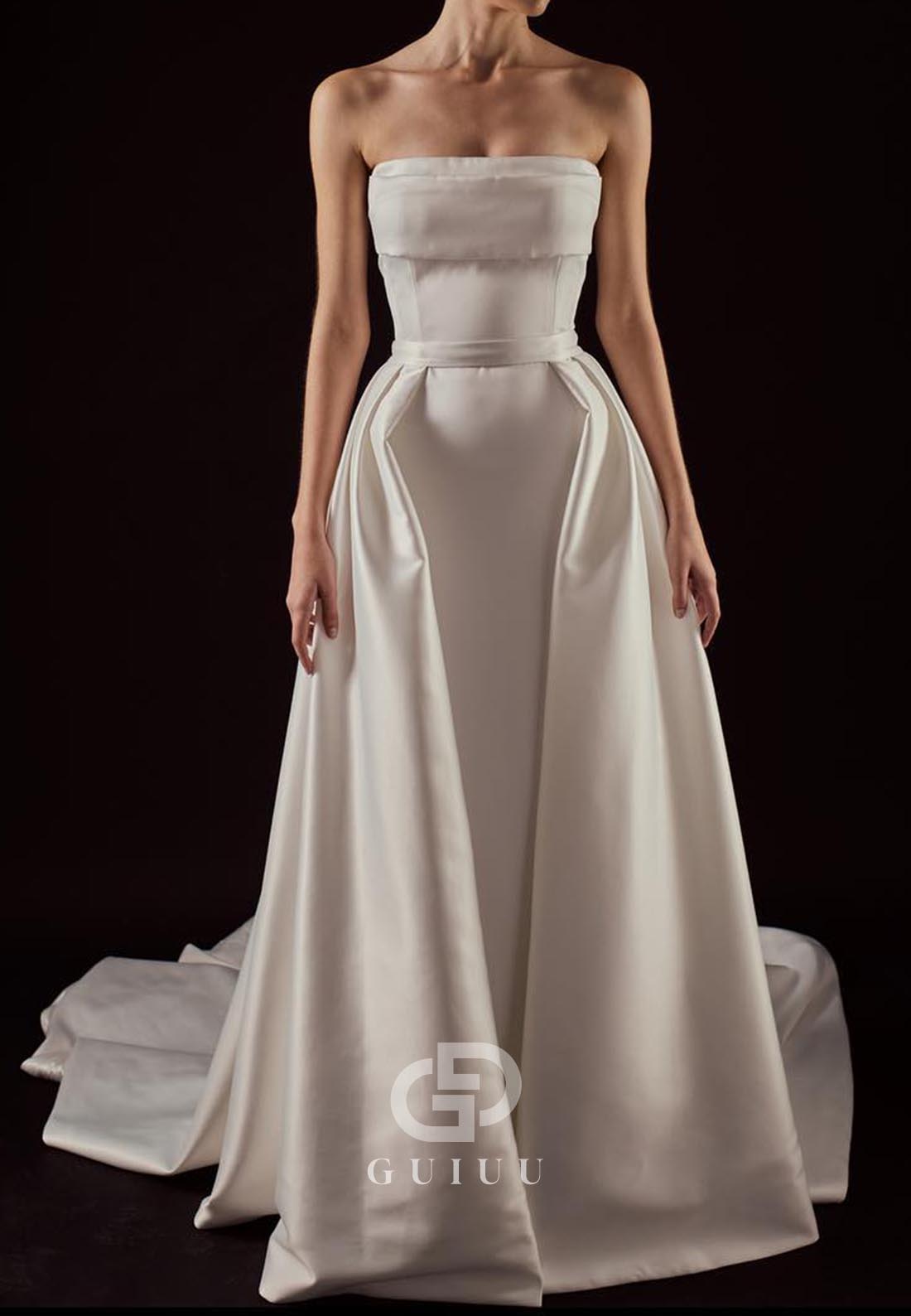 Sheath Strapless Sleeveless Removeable Train Satin Wedding Dress