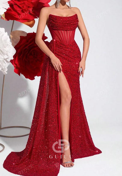 Sheath Strapless Sleeveless Sequins Corset Evening Dress