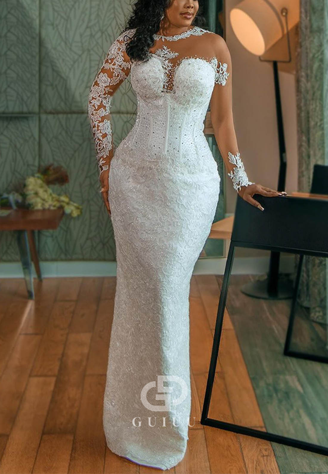 Sheath Column Illusion Neck Long Sleeves Lace Satin Wedding Dress