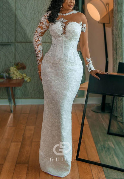 Sheath Column Illusion Neck Long Sleeves Lace Satin Wedding Dress