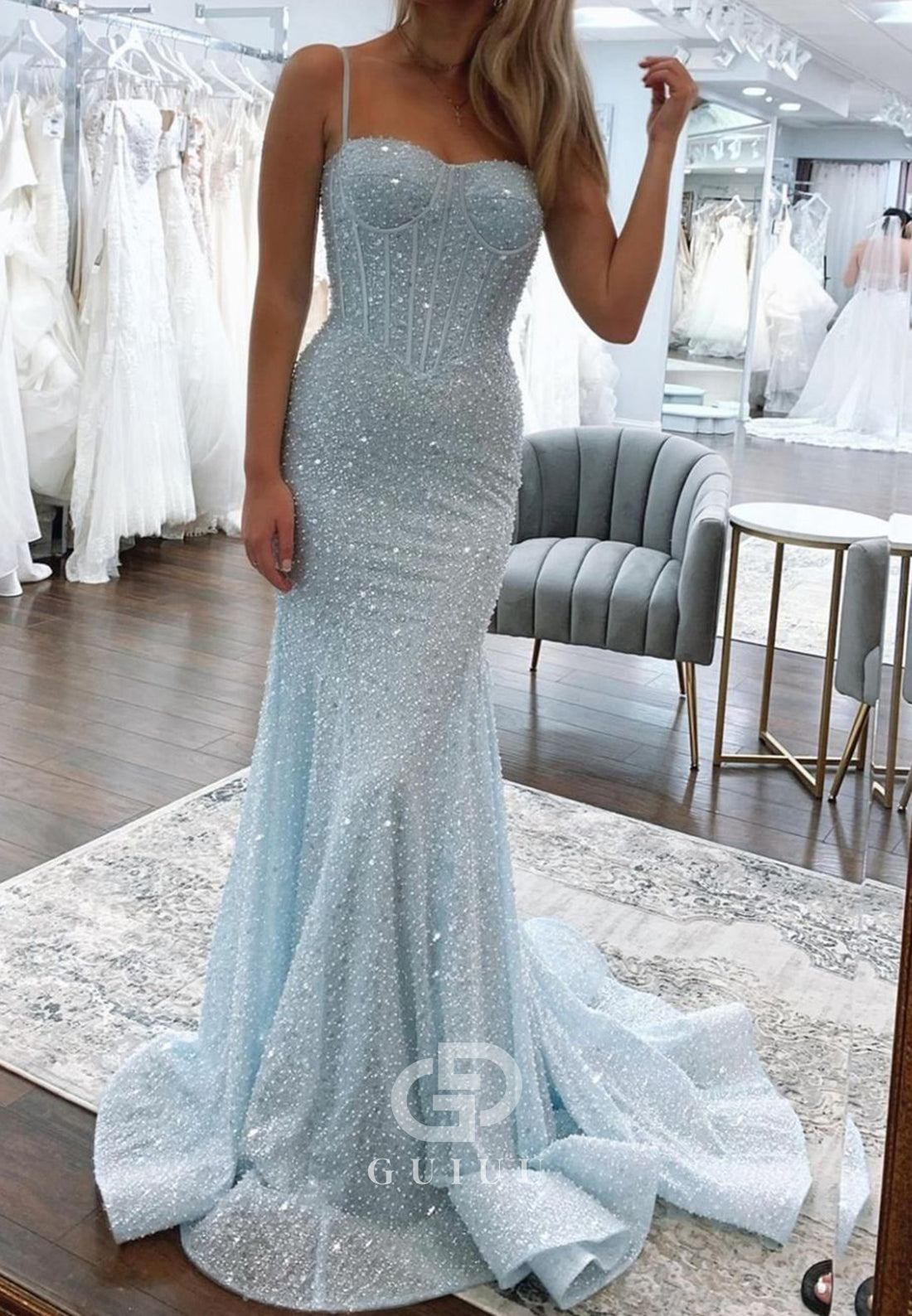 Shiny Light Blue Mermaid Spaghetti Straps Long Beaded Prom Dress
