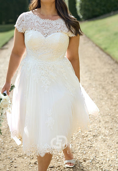 Short Sleeves Scoop Appliques Lace Wedding Dress