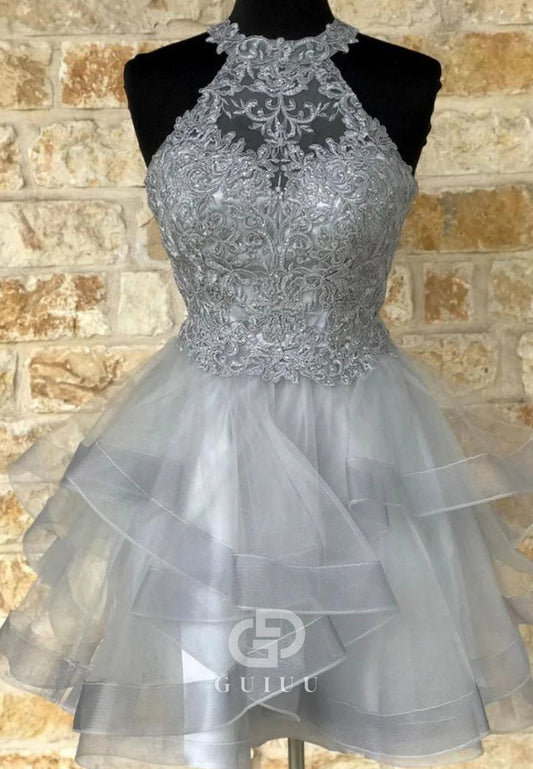 Silver Halter Sleeveless Corset Ruffles Homecoming Dress