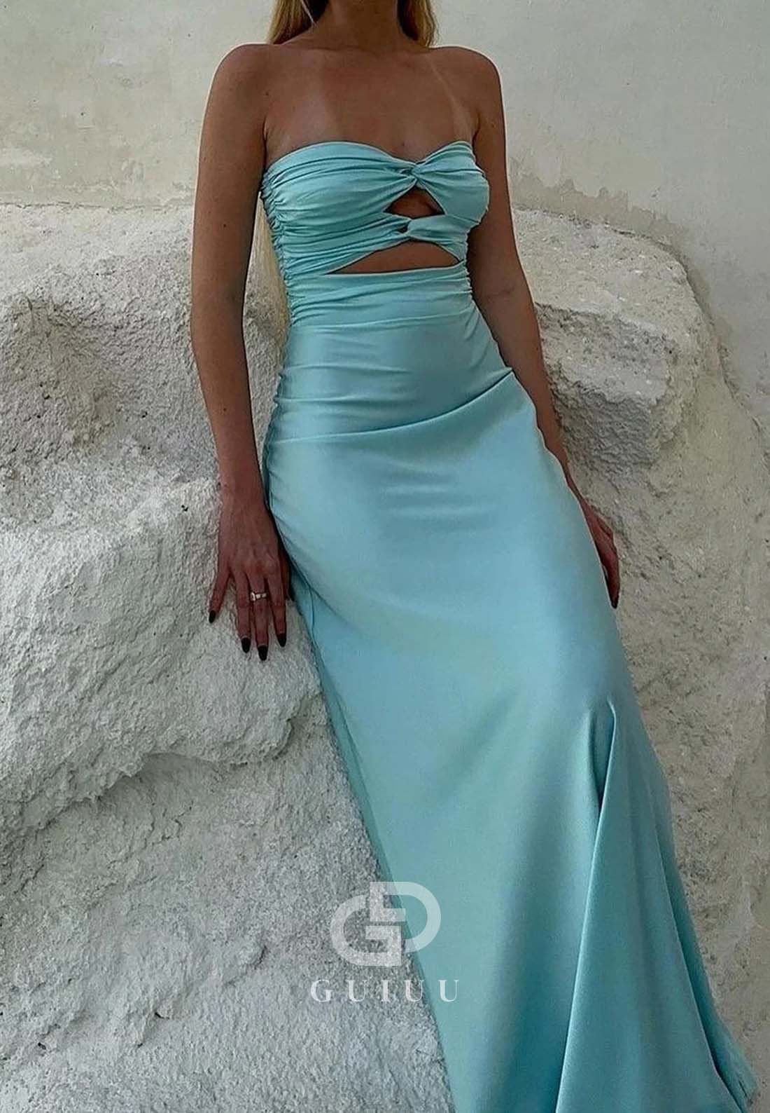 Simple Sheath Sweetheart Blue Long Ruched Prom Party Dress