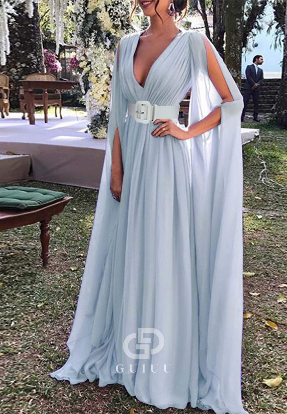 Simple A-Line Cap Sleeves Deep V-Neck Empire-Waist Evening Formal Dress