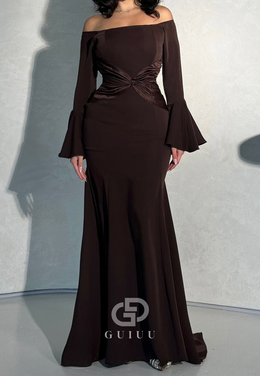 Simple A-Line Long Sleeves Off-Shoulder Empire-Waist Evening Dress