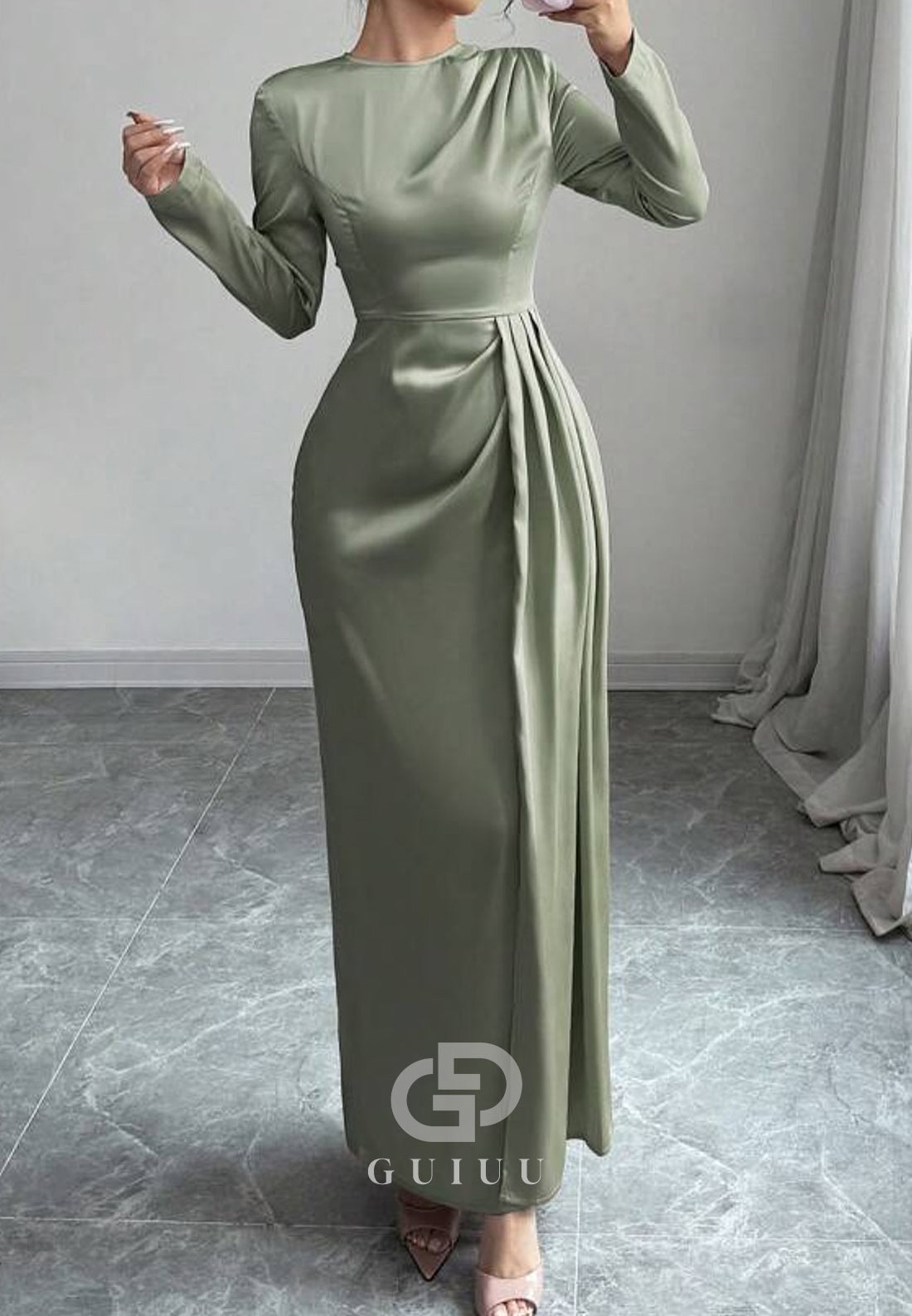 Simple A-Line Long Sleeves Scoop Ruched Chiffon Evening Dress