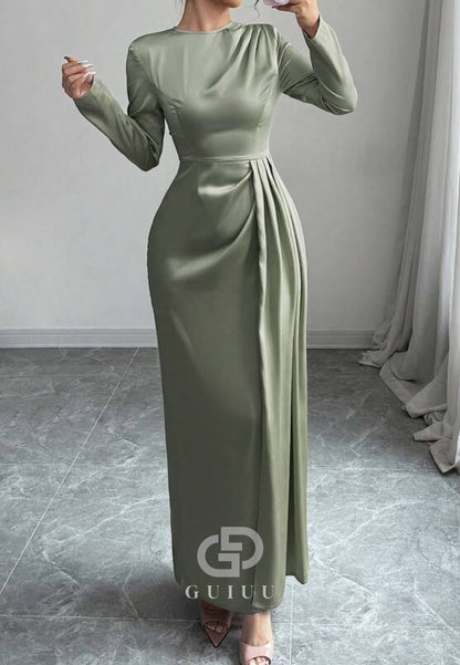 Simple A-Line Long Sleeves Scoop Ruched Chiffon Evening Dress