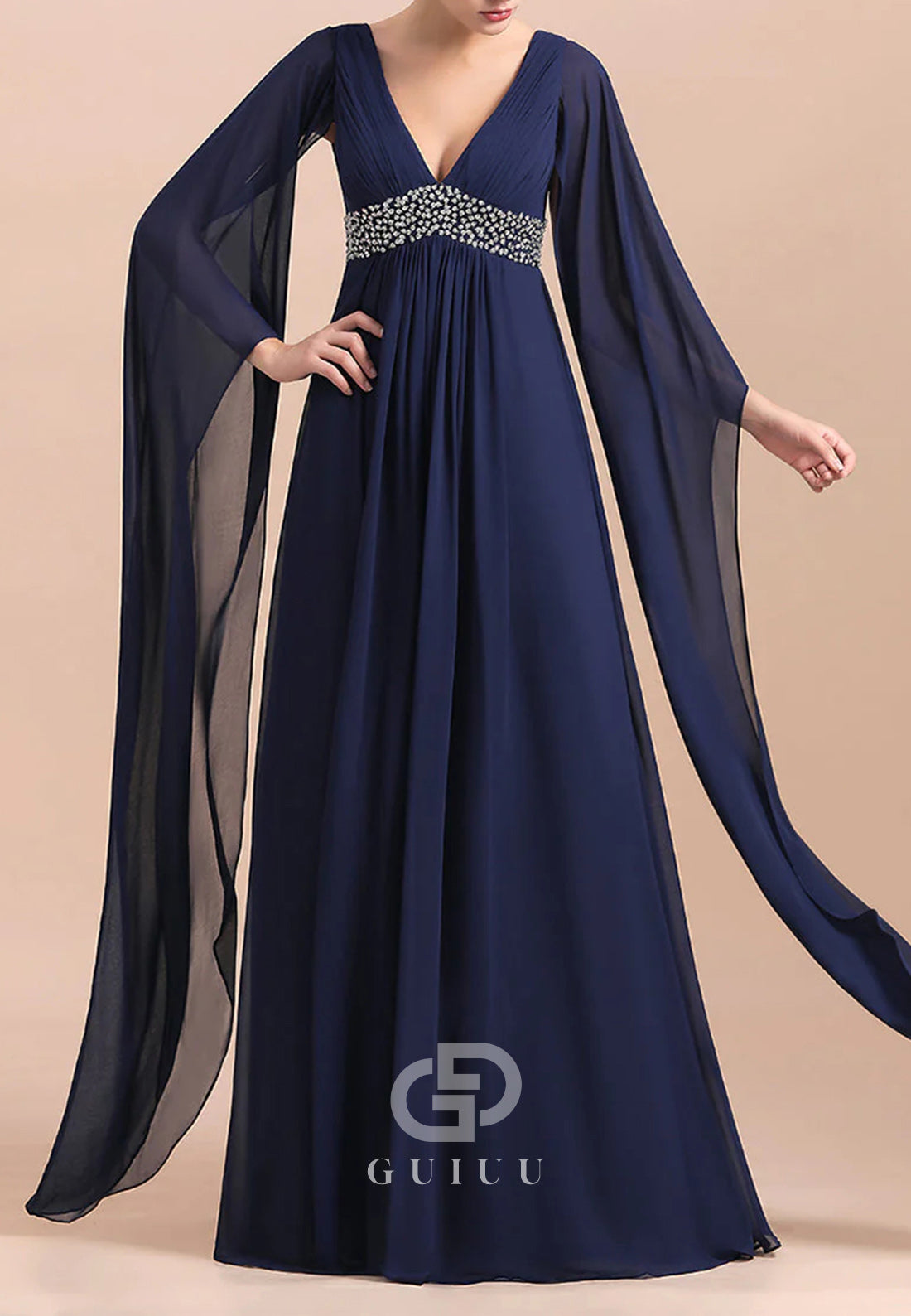 Simple A-Line Long Sleeves V-Neck Empire-Waist Chiffon Mother of the Bride Dress