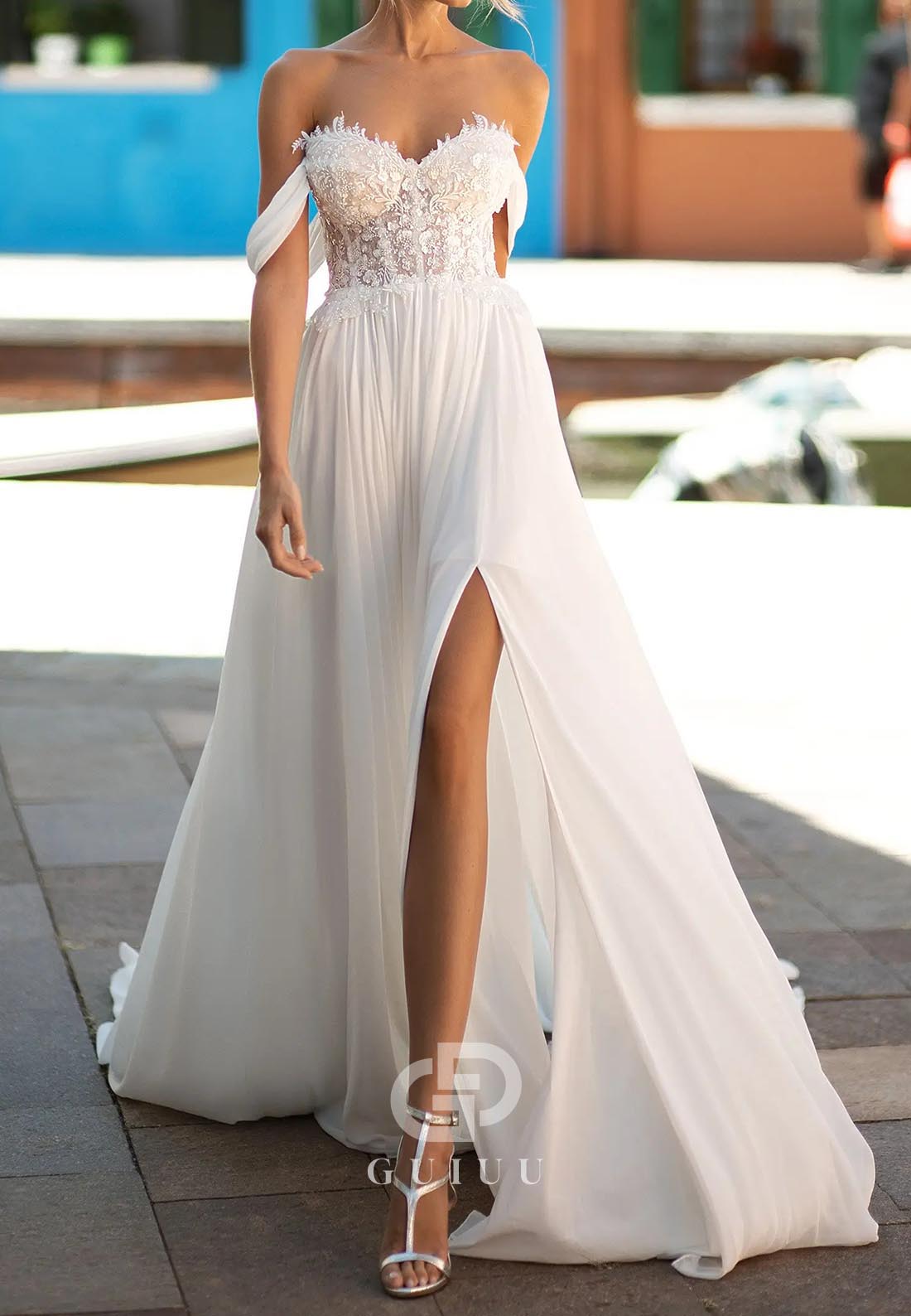Simple A-Line Off-Shoulder Corset Tulle Beach Wedding Dress