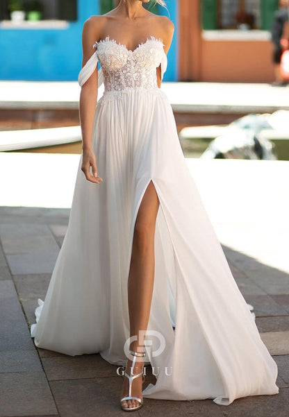 Simple A-Line Off-Shoulder Corset Tulle Beach Wedding Dress