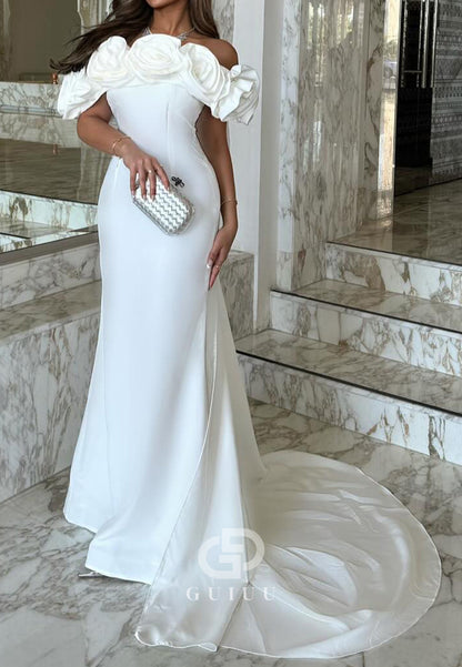 Simple A-Line Off-Shoulder Sleeveless Floral Appliques Evening Dress