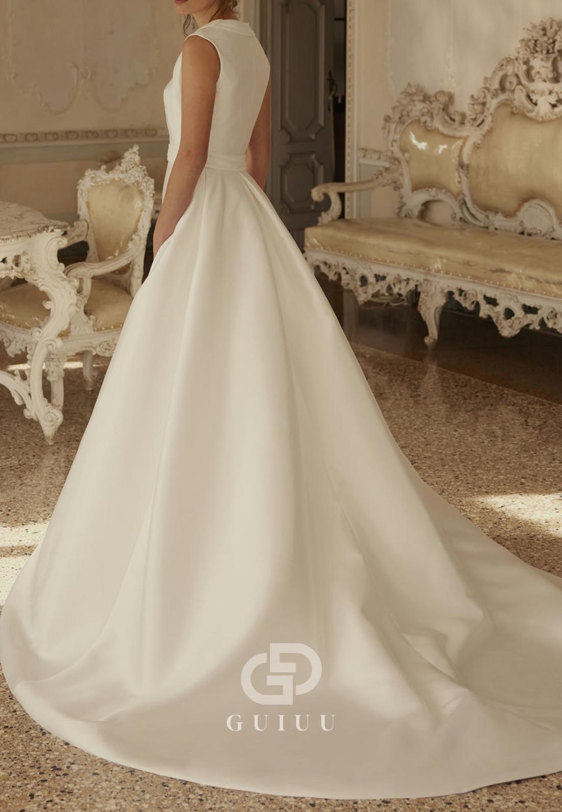 Simple A-Line Scoop Sleeveless Sweep Train Satin Wedding Dress