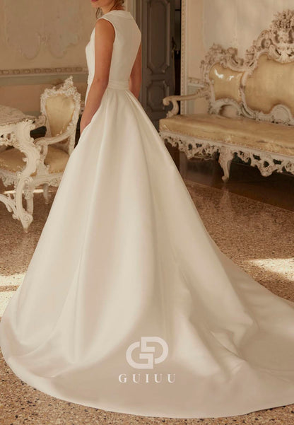 Simple A-Line Scoop Sleeveless Sweep Train Satin Wedding Dress