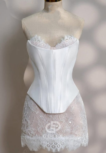 Simple A-Line Sleeveless Strapless Lace Short Wedding Dress