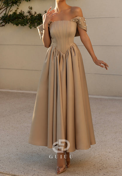 Simple A-Line Sleeveless Strapless Pearls Prom Dress