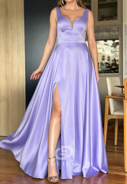 Simple A-Line Spagheeti Straps Scoop Slit Mother of the Bride Dress