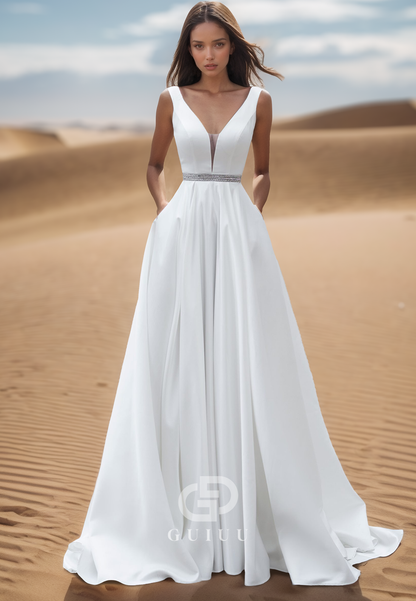 Simple A-Line Spaghetti Straps V-Neck Backless Satin Wedding Dress