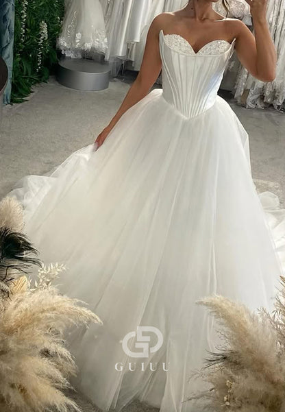 Simple A-Line Strapless Sleeveless Corset Lace Wedding Dress